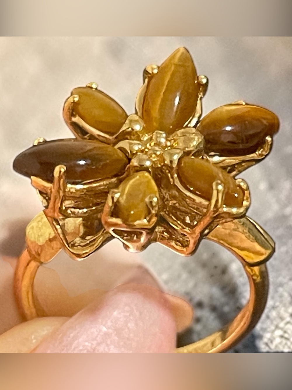 Vintage 14K G.E. Marquise Cut Tigers Eye Size 6 Cocktail Ring Signed